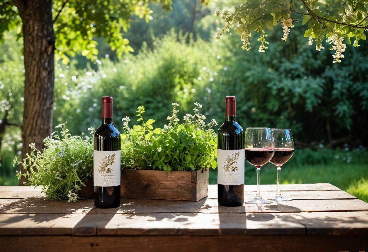 A serene setting with a rustic wooden table adorned with various bottles of herbal wines, surrounded by green plants and blooming flowers. Soft sunlight filters through nearby trees, casting gentle shadows, while a glass of deep red wine captures the light, symbolizing tranquility and balance. A peaceful landscape in the background highlights the theme of emotional serenity. vibrant colors. soft focus. natural elements.