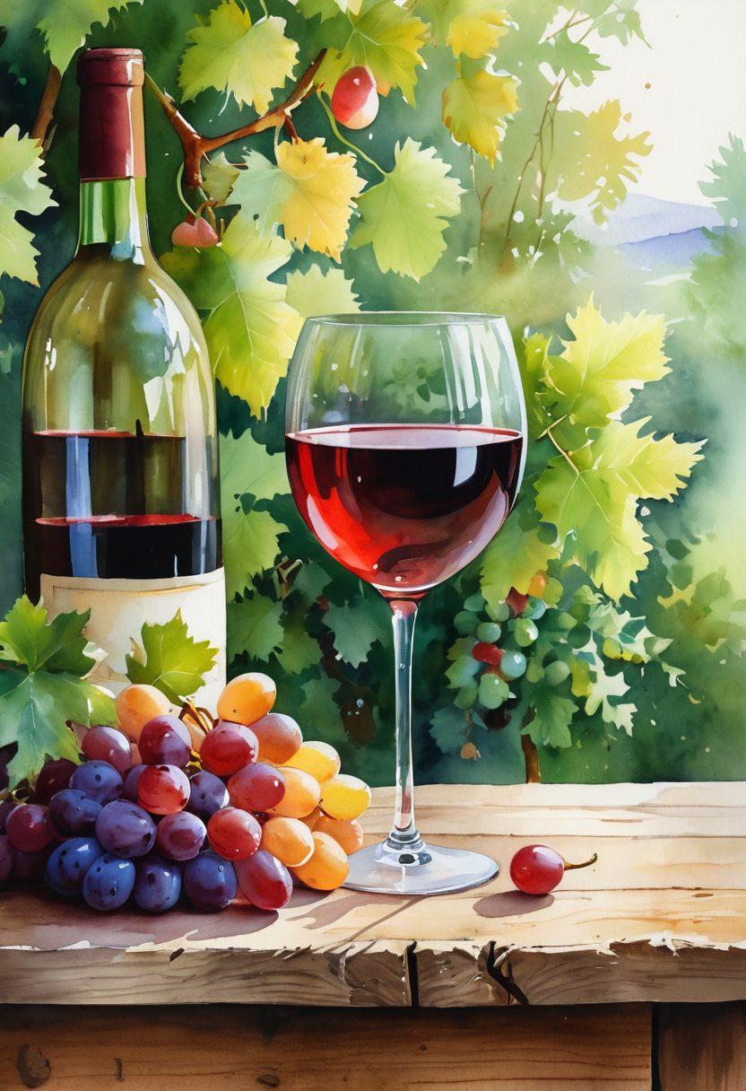 A serene setting featuring a rustic wooden table with an elegant wine glass half full of red wine, surrounded by vibrant grapes and lush foliage. In the background, soft amber lighting and calming greenery create a soothing atmosphere, symbolizing balance and mental wellness. Delicate watercolor splashes enhance the image's tranquility. watercolor. soft tones. warm lighting.