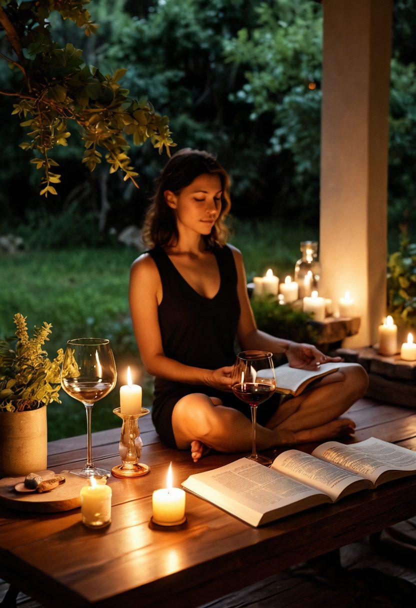 A serene scene depicting a cozy wine therapy session, with soft candlelight casting a warm glow on a table filled with various wine bottles and elegant glasses. In the background, a person is meditating, surrounded by lush greenery and soothing nature sounds. Incorporate elements like relaxing essential oils and a journal for mindfulness to enhance the ambiance. The atmosphere should convey tranquility and self-discovery. super-realistic. warm tones. soft focus.